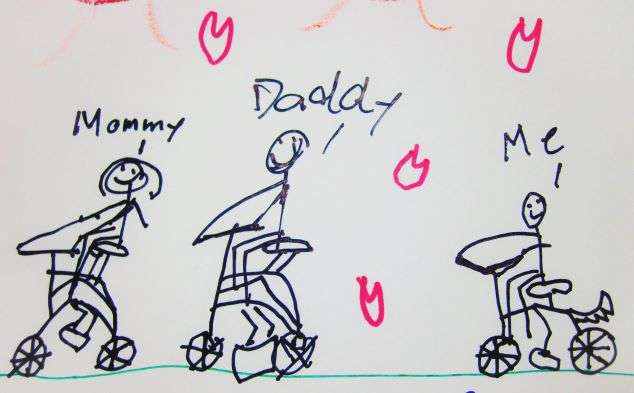 kid drawing of cycling family